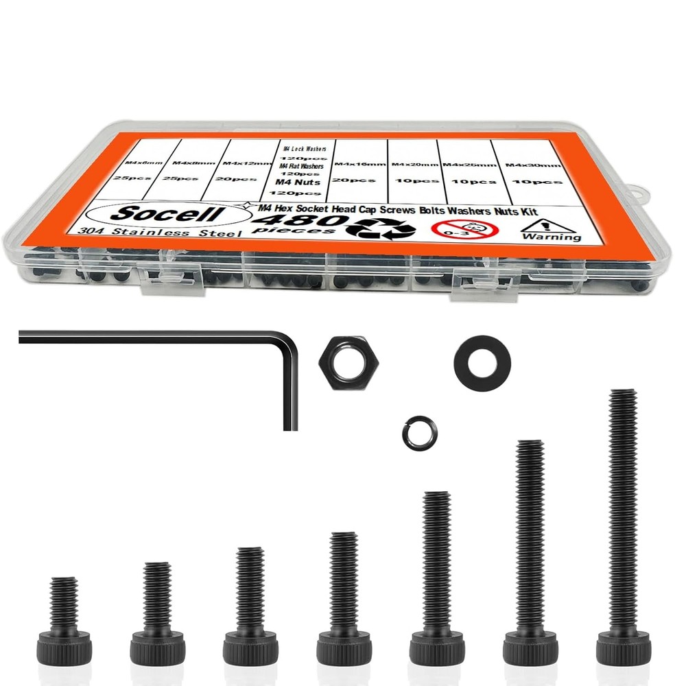 480pcs M4 Screw Assortment Kit,M4 Screws (7 Sizes 6-30mm) for 3D Printer DIY,Hex