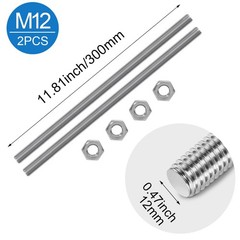 2 PCS M12-1.75mm Fully Threaded Rod Studs 300mm 11.8 Inch 304 Stainless