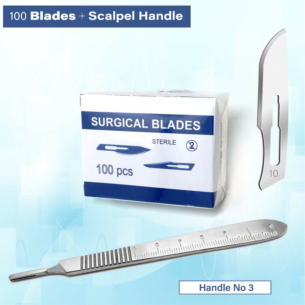 Scalpel Handle #3 Graduated + 100 Surgical Sterile Carbon Steel Blades #10