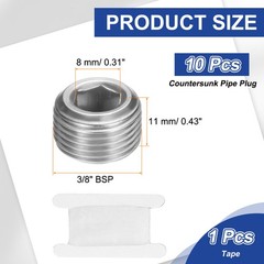 10 Pack Stainless Steel Pipe Plug 3/8″ BSP Male Hex Internal Socket Silver