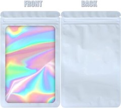 100 Pack White Holographic Ziplock Bags Resealable Sealable Mylar Packaging Bag