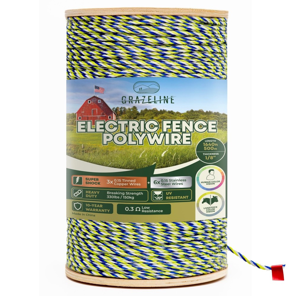 9-Strand Electric Fence Polywire 1640 ft, Tinned Copper & Stainless Steel, 0….
