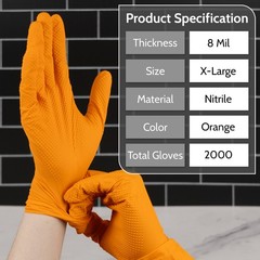 Heavy Duty Orange Nitrile Gloves With Raised Diamond Texture 8-Mil XL-Size 2000
