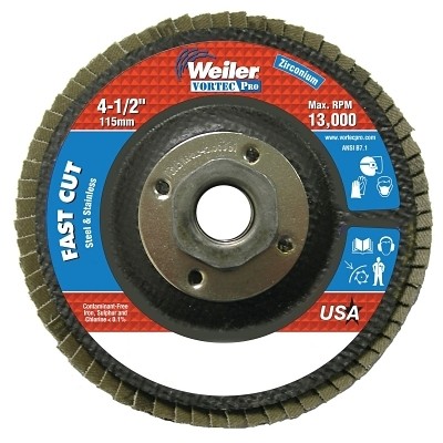 Vortec Pro Abrasive Flap Disc, 4-1/2 in dia, 36 Grit, 5/8 in-11, 13000 rpm, Type
