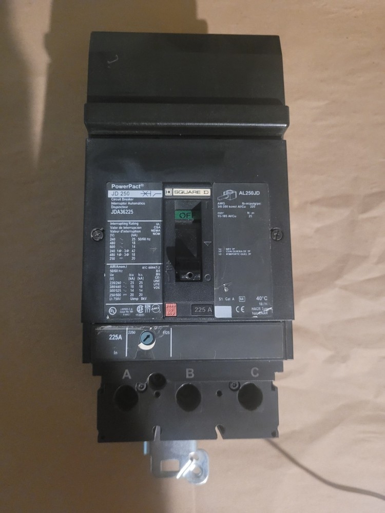 Square D JDA36225 225 Amp 600V 3 Pole PowerPact I-Line Circuit Breaker
