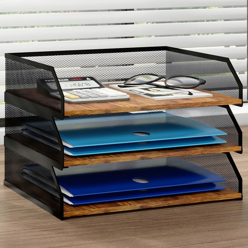 Paper Desk Organizer, 3-Tier Letter Tray with 5 Vertical File Holders, Multifunc