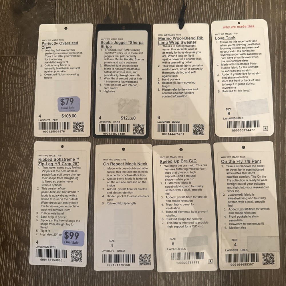 Lululemon Store Tags Only JUST THE TAGS Small XS Lot Of 8 Sizes 4 & 6 Pants Bras