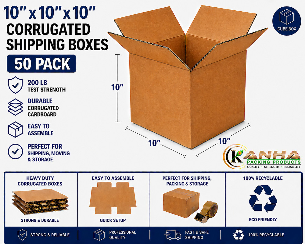 10x10x10 Corrugated Shipping Boxes 50 Pack 200 lb Test Heavy Duty Moving Box