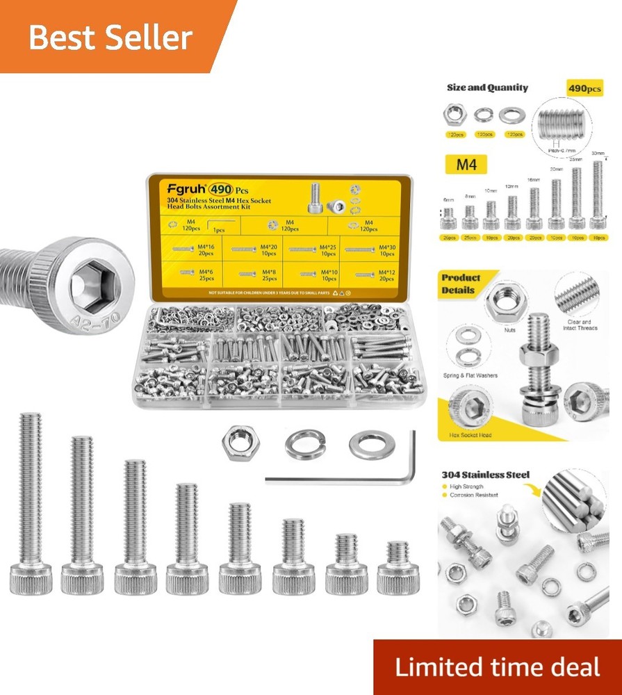 490 pcs M4 Screws & Bolt Assortment Kit – 304 Stainless Steel for DIY Projects