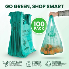 100 Biodegradable Bags Compostable Grocery Shopping Handles Thank You