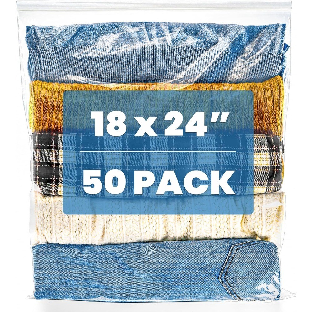 Large Reclosable Storage Bags 50 Pack 18 x 24 Inches 5 Gallon Resealable Zipper