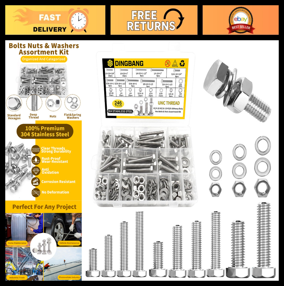 246Pcs Stainless Steel Hex Bolts & Nuts Assortment Kit, Washers for Home & Auto
