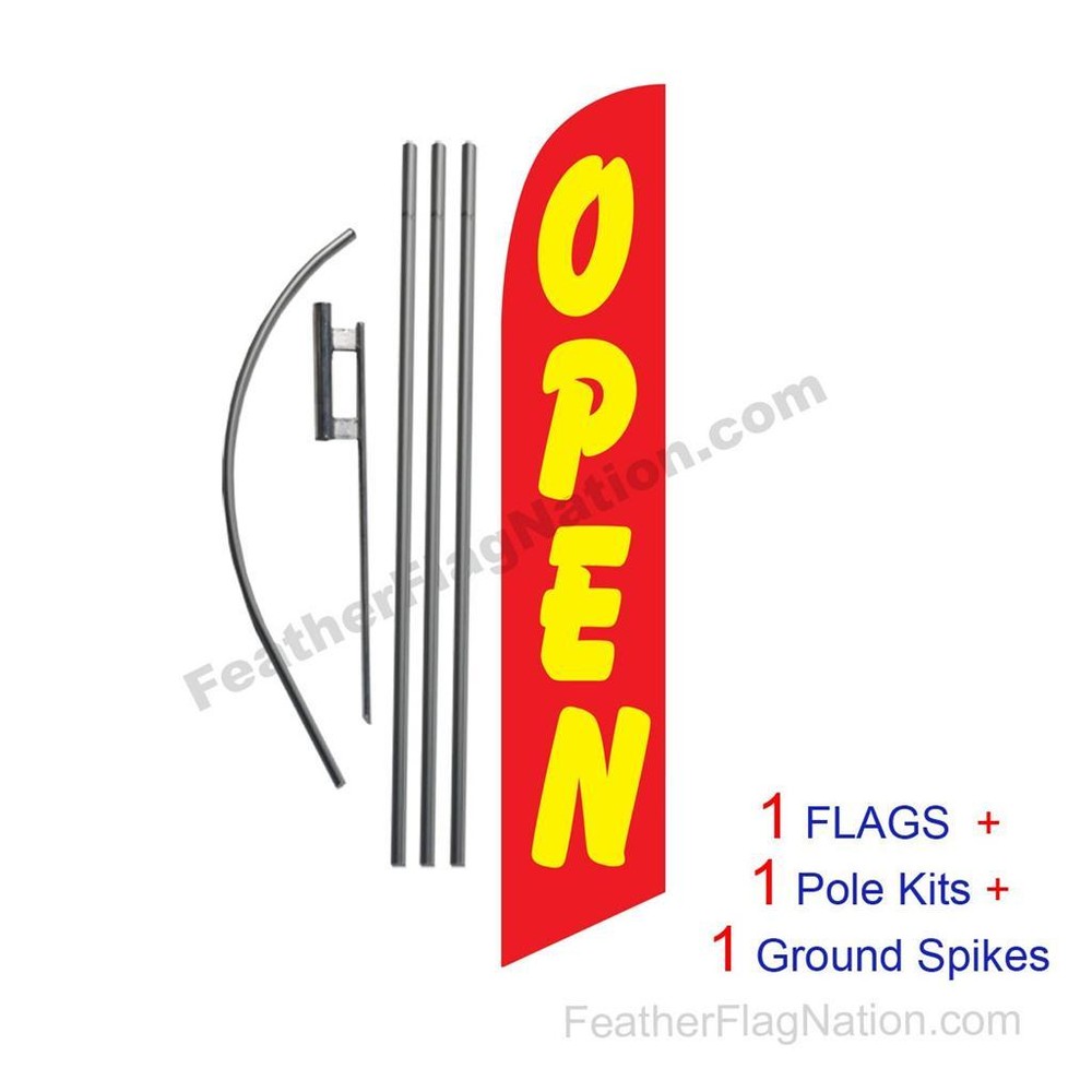 OPEN (red & yellow) 15′ Feather Banner Swooper Flag Kit with pole+spike