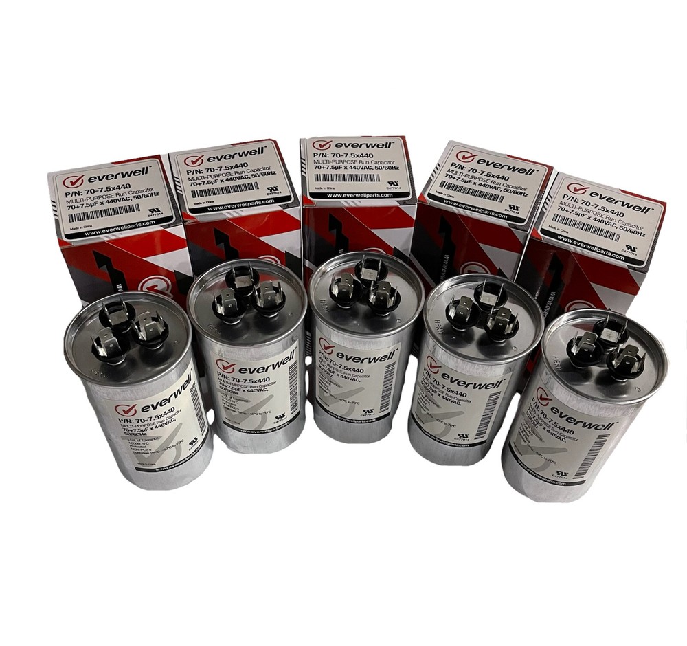 70+7.5µf x 440 VAC MULTI-PURPOSE RUN CAPACITOR, 50/60Hz ROUND TYPE 5 PCS.