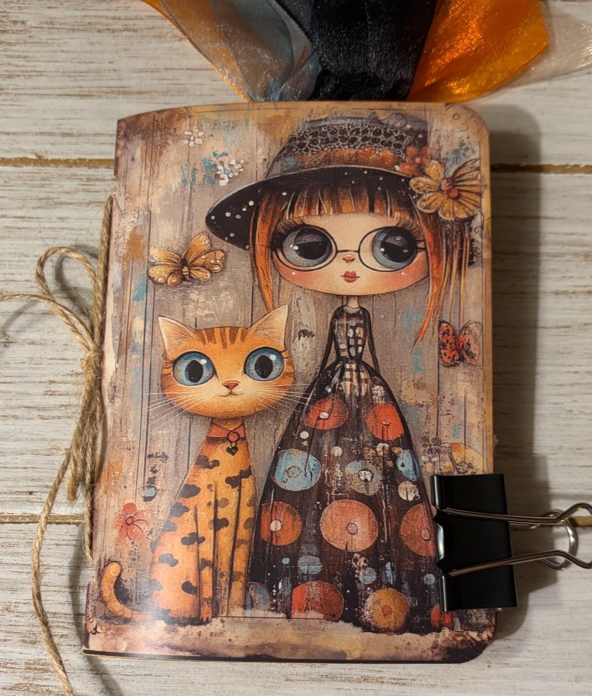 Junk Journal Handmade Booklet Book Vintage “Cats and Girls” Pockets, Ephemera
