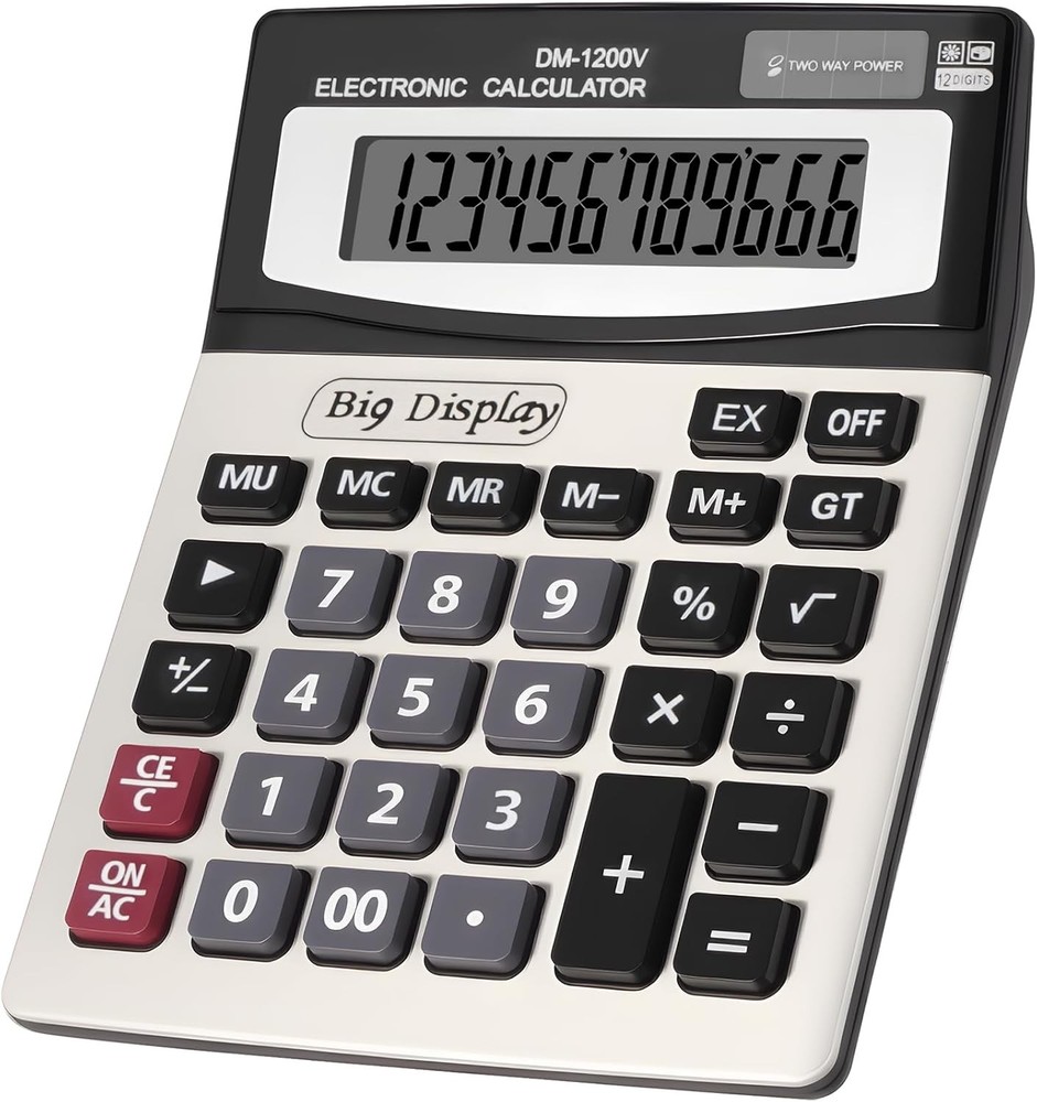 Desk Calculator, Extra Large 4in LCD Display, 12 Digits, Solar & Black