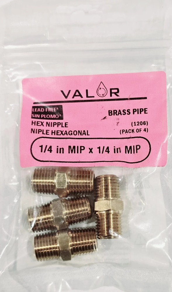 4 Pack- Valor 1206-4P Brass Hex Nipple 1/4″ X 1/4″ Male NPT- Fuel/Air/Water/Gas