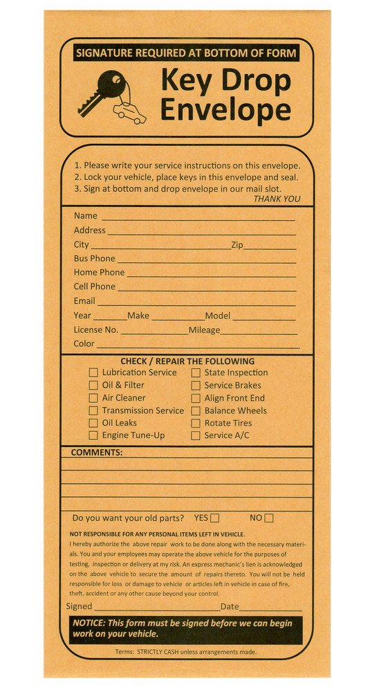 500 Night Drop Key Envelopes – Auto Repair Shops and Mechanics Self-Adhesive