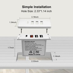 Powered USB C Hub Socket Recessed C Power Strip Outlet with Fast White