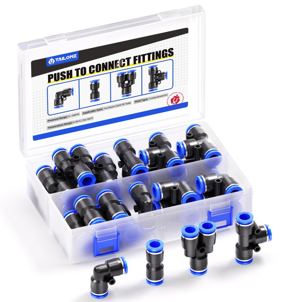 Pneumatic Push to Connect Fittings 20 PCS Kit 10mm OD Splitters Elbows