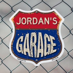 Jordan’s Garage Shield Shaped Sign Weather Resistant Crafted in the USA