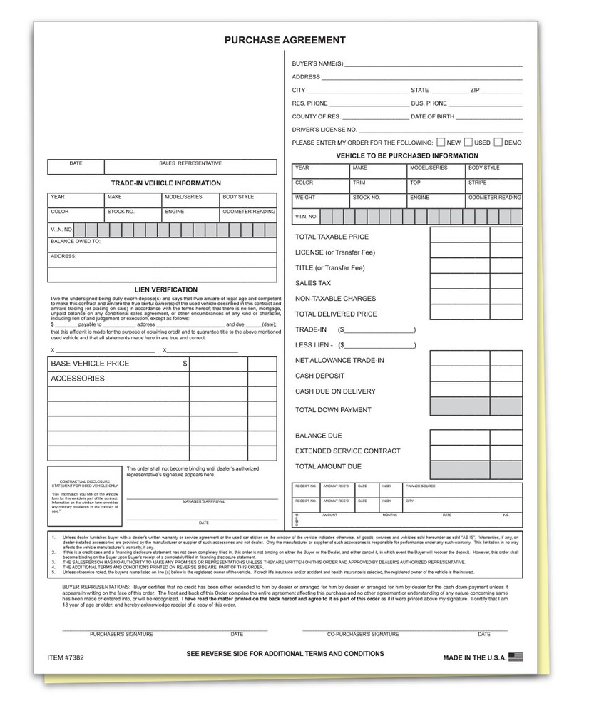 VEHICLE PURCHASE AGREEMENT FORM 2 PART 100 PER PACK CAR LOT DEALERSHIP