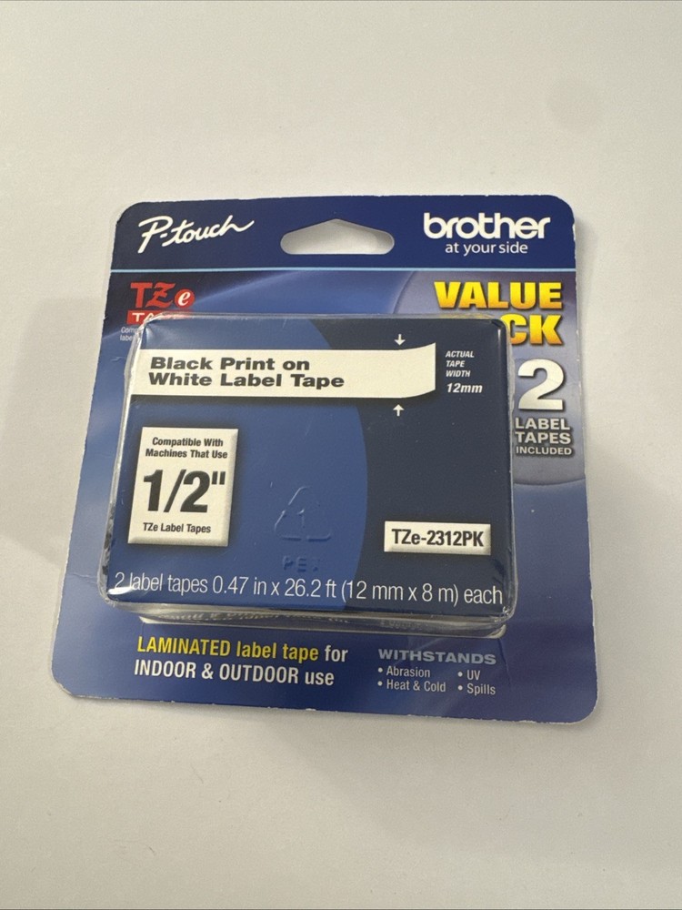 Brother TZE2312PK 12mm Black on White Tape – 2 Pack A35