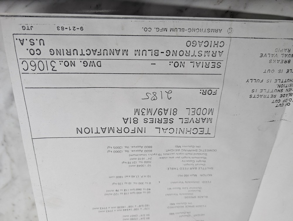 ARMSTRONG BLUM MARVEL SERIES 81A MODEL 81A9 M3M DWG NO 3106C INFO