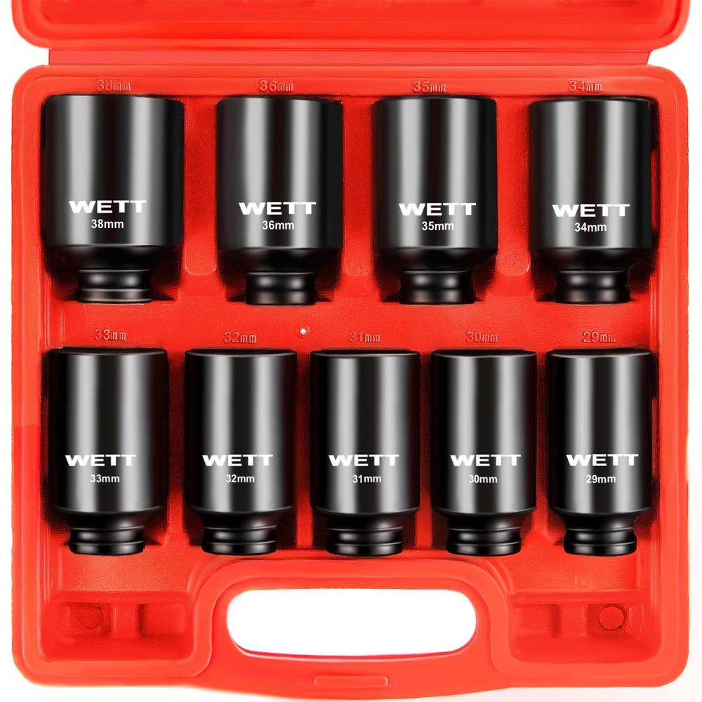 WETT 1/2″ Drive Deep Large Impact Socket Set, 1-1/8″-1-1/2″ (9pc), Black