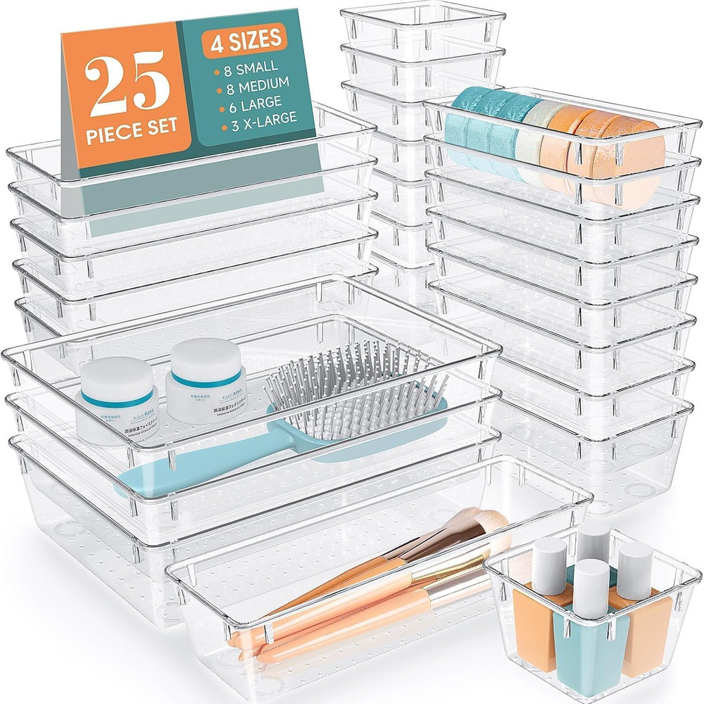 25 PCS Clear Plastic Drawer Organizer Set 4 Sizes Desk Drawer Dividers for Kitch