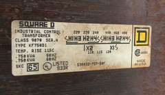 SQUARE D INDUSTRIAL CONTROL TRANSFORMER TYPE KF750D1 CLASS 9070 .750 KVA