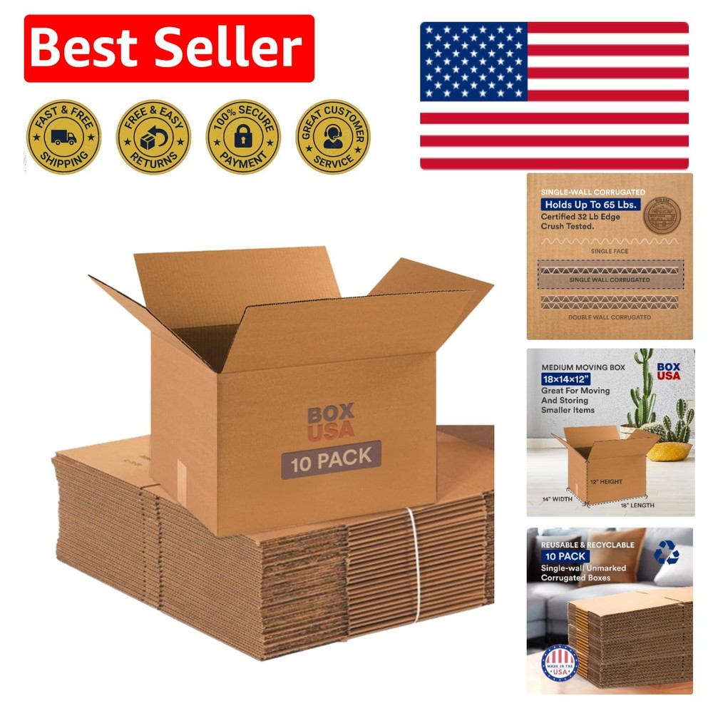 Durable 10-Pack Moving Boxes 18″L x 14″W x 12″H – Ideal for Packing & Shipping
