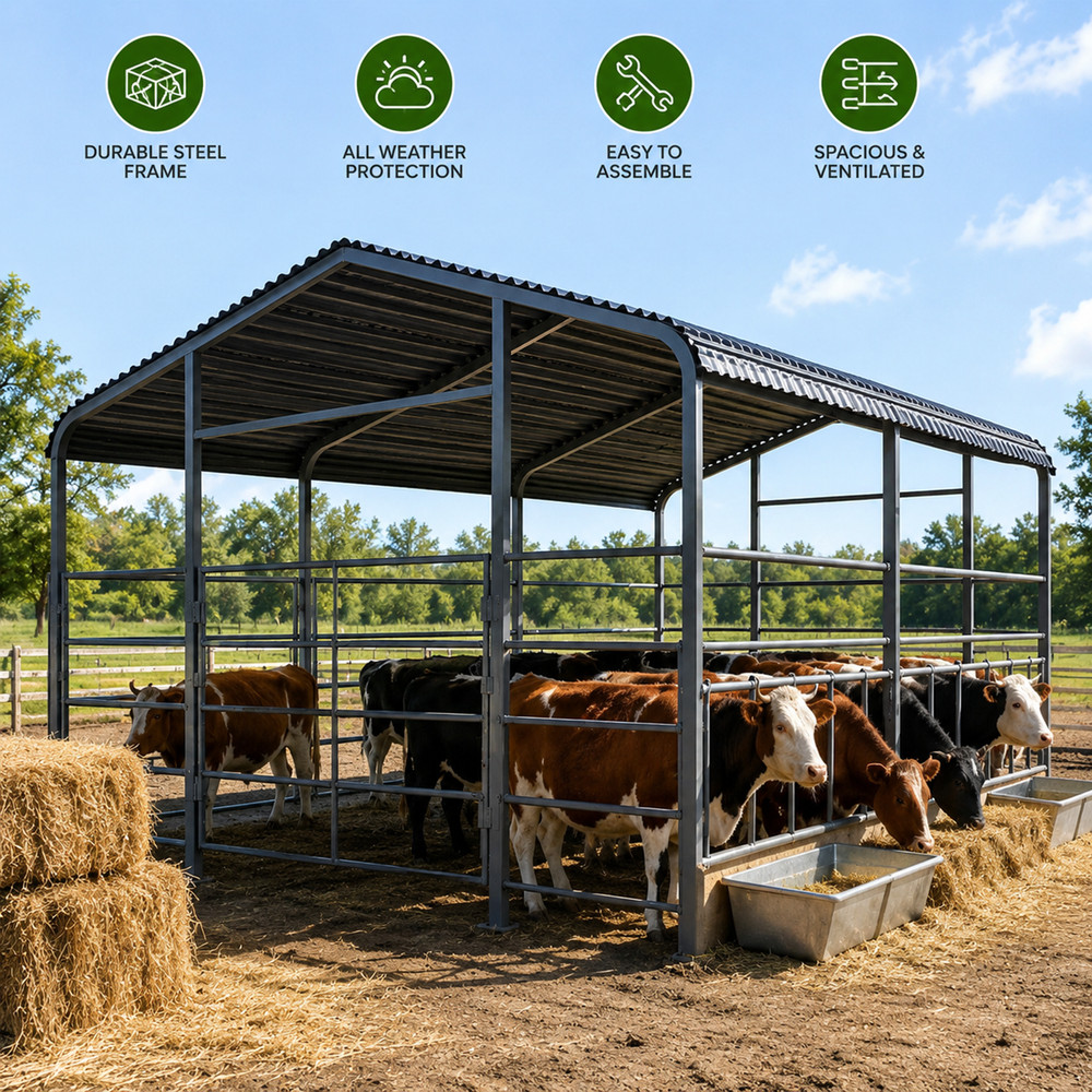 13×20 Ft Heavy Duty Galvanized Steel Livestock Shelter for Cattle Horses Farm