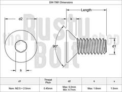 M2.5 x 6mm, Socket Flat Head Screws, A2 304 18-8, Stainless Steel, Countersunk