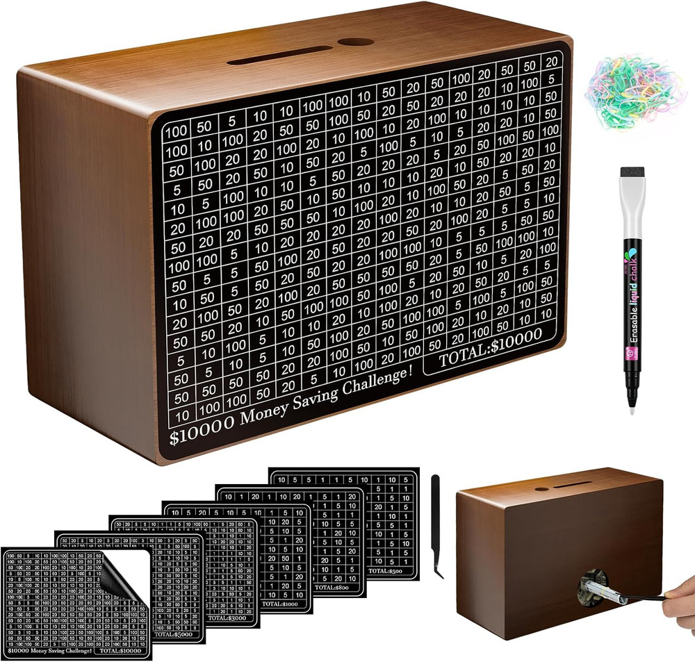 Wooden Money Saving Box with Counter, Pen, Trackers, Rubber Band – 10K Challenge