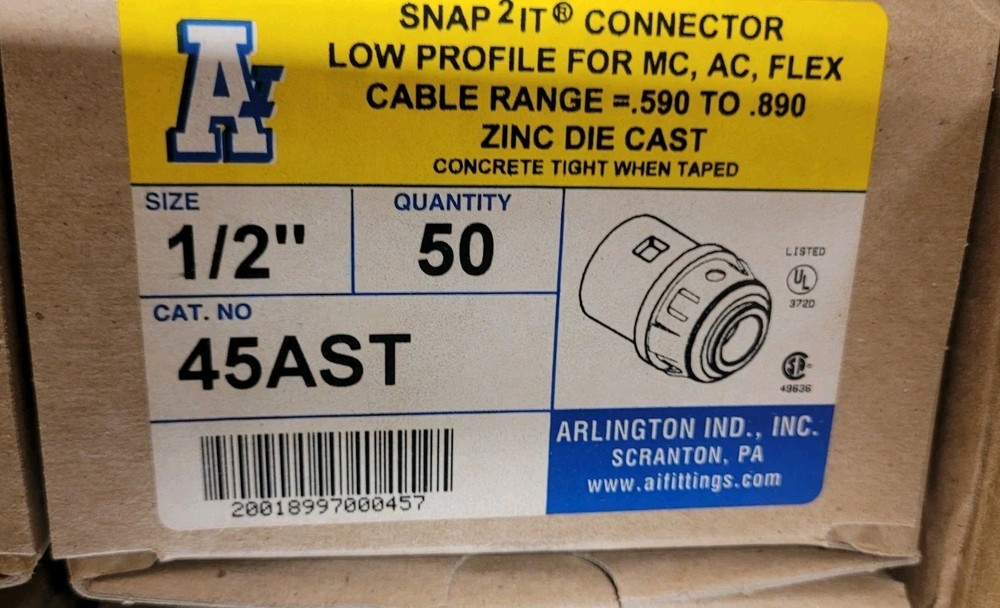 ARLINGTON 45AST SNAP2IT MC CONNECTOR FOR MC/AC/FLEX, 1/2-INCH, (50-PACK)
