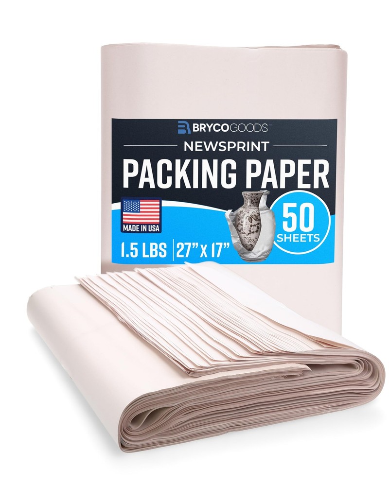 Bryco Goods Newsprint Packing Paper Sheets 27″ x 17″ (50 Sheets), gray-white