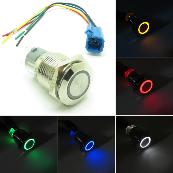 Waterproof Metal Push Button Switch LED Ring Halo Light 16mm 12V 24V +Connector