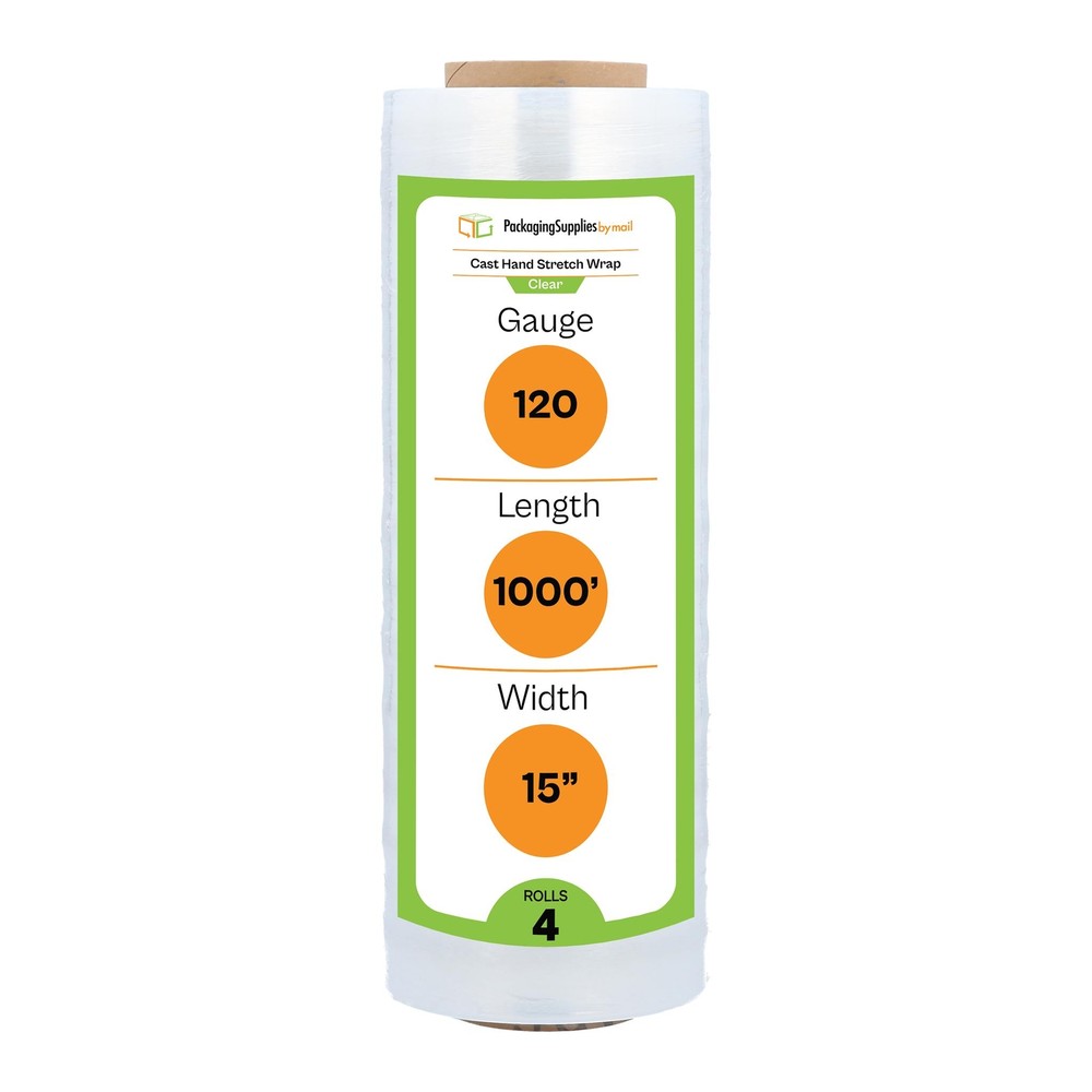 4 Rolls 15″ x 1000′ 120 Gauge Cast Hand Plastic Stretch Wrap Packing Shrink Film