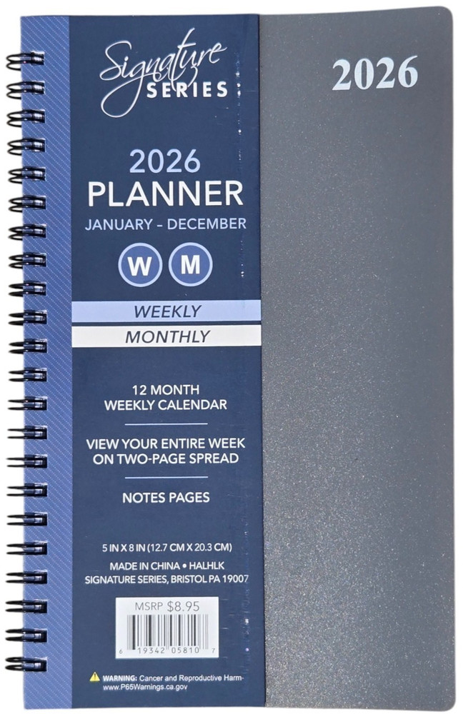 Signature 2026 Weekly & Monthly Planner Calendar, Jan-Dec, 5″x 8″ in – Grey
