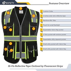 10 Pockets Hi-Vis Zipper Front Black Safety Vest | Cushioned Collar | High Re…