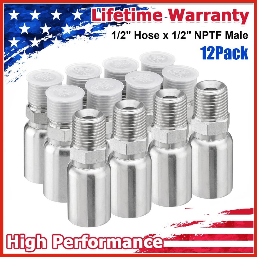 12Pack 1/2″ Hose x 1/2″ NPTF Male Hydraulic Hose End Fitting w/ Protection Cover