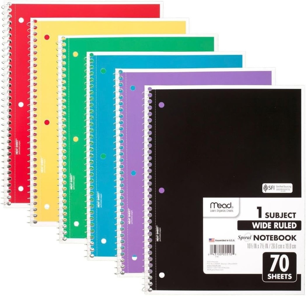 Mead Spiral Notebook, 6 Pack, 1 Pack of 6, Red,Yellow,Blue,Green,Purple,Black