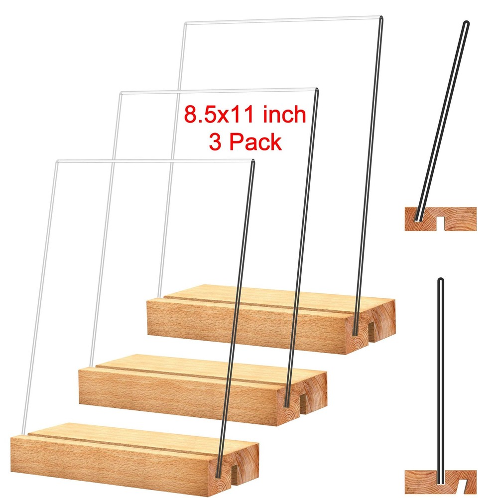 8.5×11 inch Acrylic Sign Holder with Wood Base Vertical Slant Back Display
