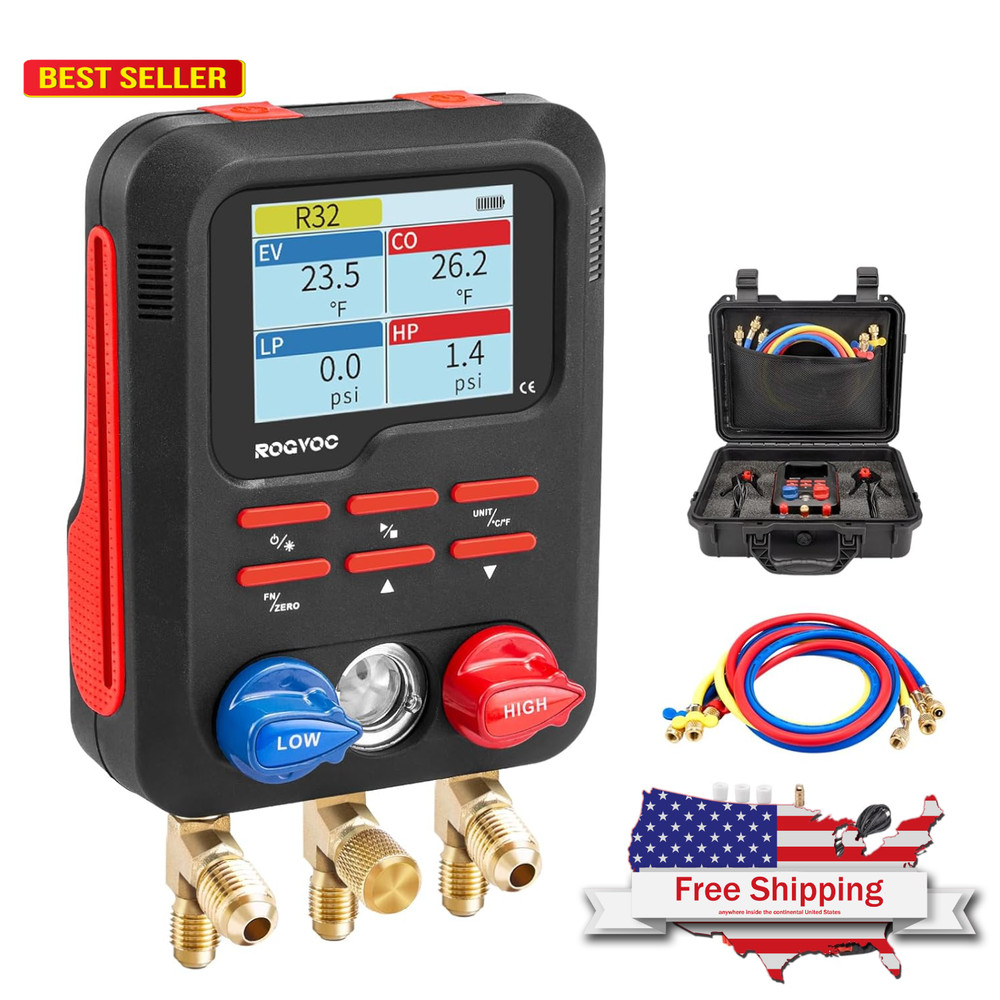 Digital Manifold Gauge, HVAC Refrigerants Digital AC Gauges Set with 2