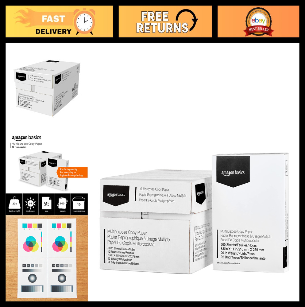 Multipurpose Copy Printer Paper 20 lb, 8.5×11″, 5000 Sheets, 92 Bright White, 10