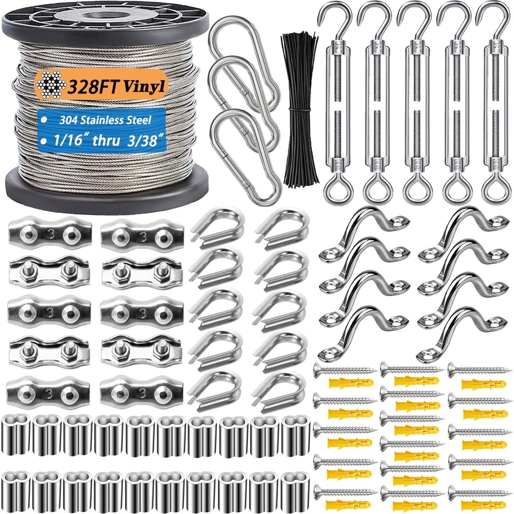 Stainless Steel Turnbuckle Kit 1/16″ Wire Rope 328FT – Easy Installation +500.0