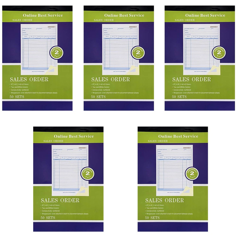Large Carbonless Duplicate Sales Order Receipt Books 5 Pack 50 Sets 5.9 x 1