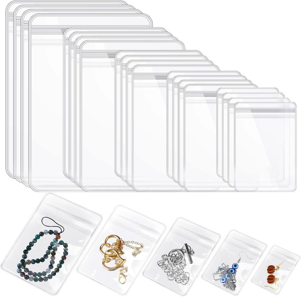 Spakon 160 Pcs Clear PVC Jewelry Bags 5 Sizes Plastic Transparent Zipper Jewelry