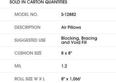 ULINE S-12882 Air Pillow Film for Mini Pak’r™ – 8 x 8″, NIB.